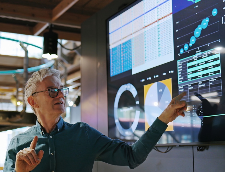 Executive reviewing data dashboards with charts graphs and a world map on a large display screen