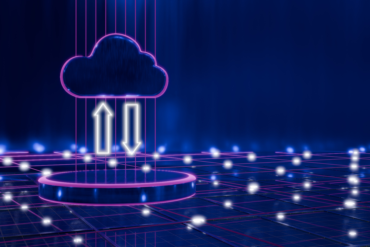 Alt text (describe the image accurately, keyphrase woven in; pick one): Recommended: Cloud icon with data moving to and from a connected network, representing hybrid cloud solutions