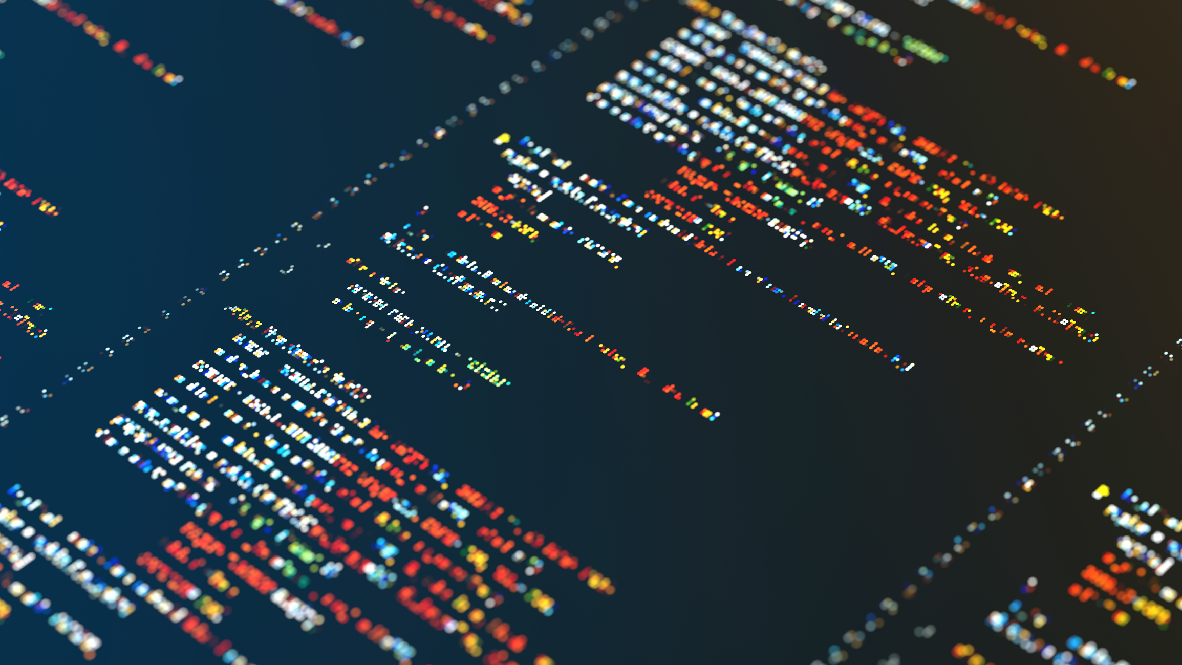 Defocused lines of colored code on a dark screen representing 24/7 SOC threat detection monitoring